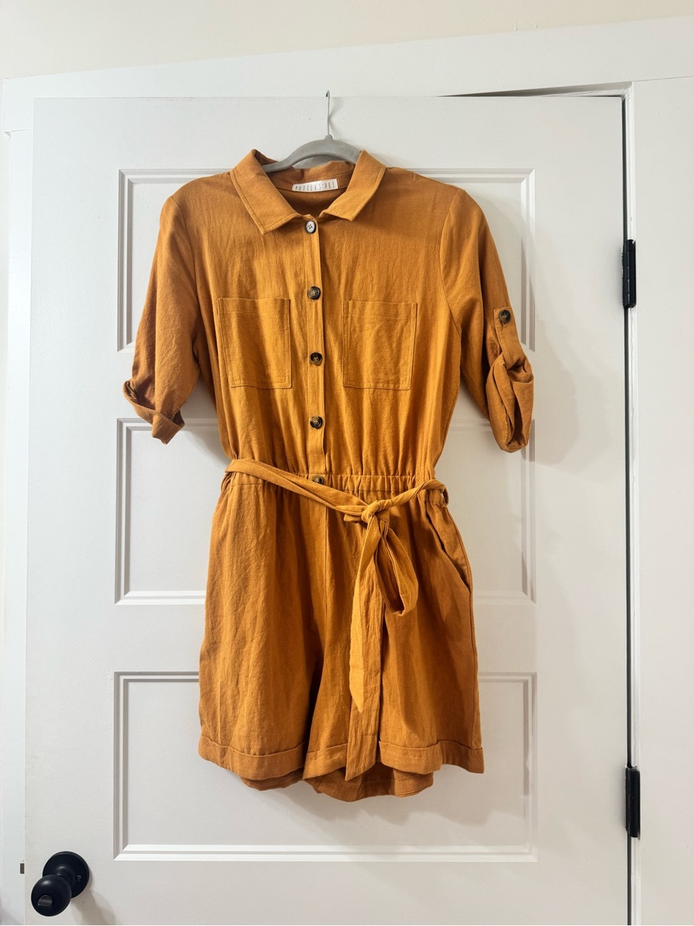 Mustard Button-Front Women's Shirt Romper with Tie Waist